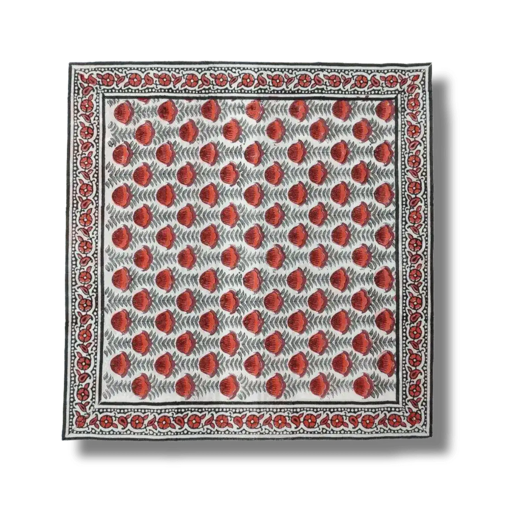 Red Floral Hand Block Printed Cotton Napkins
