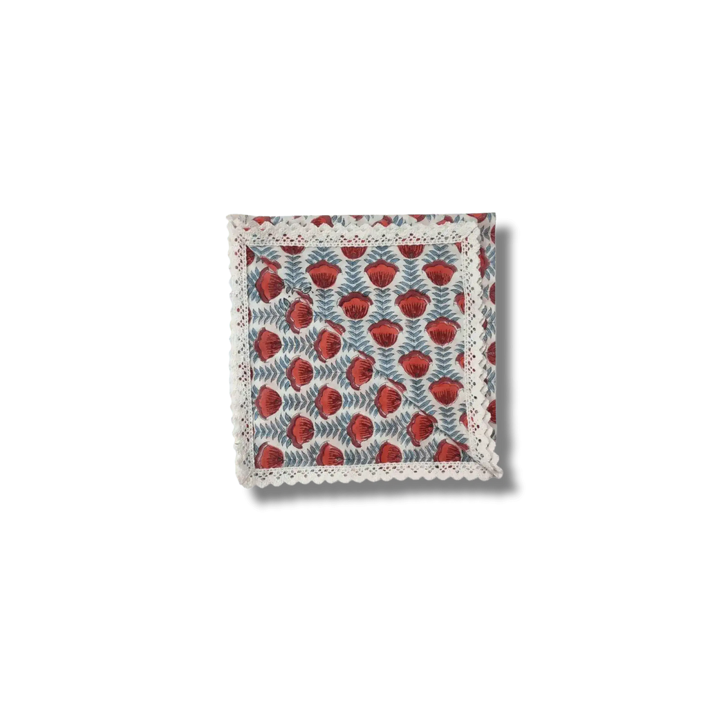 Red Floral Hand Block Printed Cotton Napkins