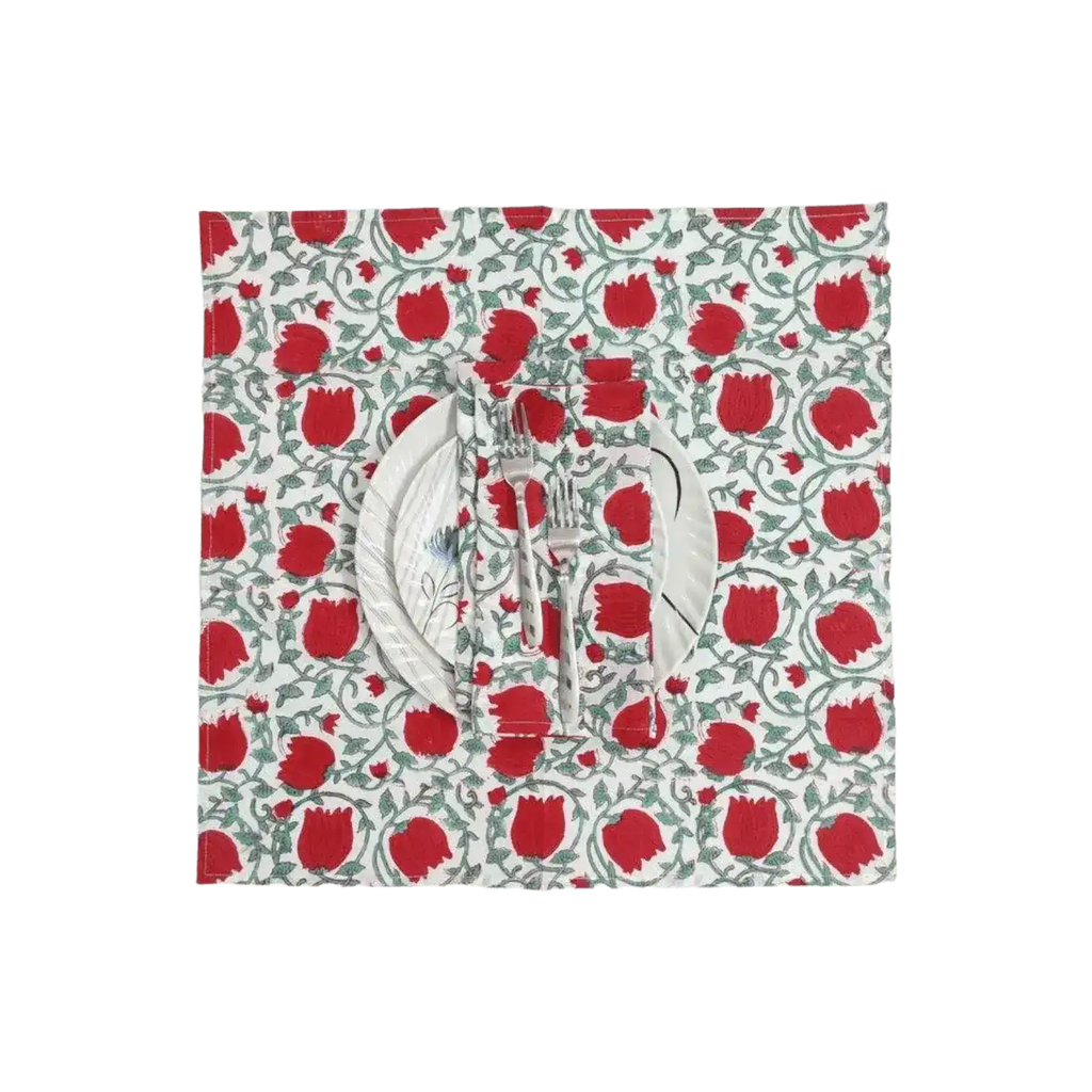 Red Floral Indian Block Print Cotton Napkins