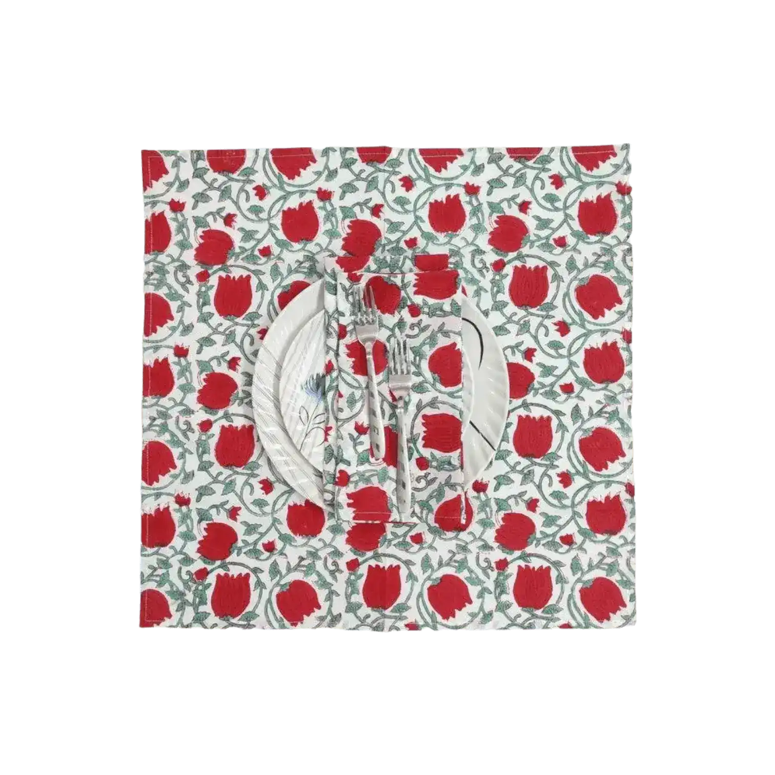 Red Floral Indian Block Print Cotton Napkins
