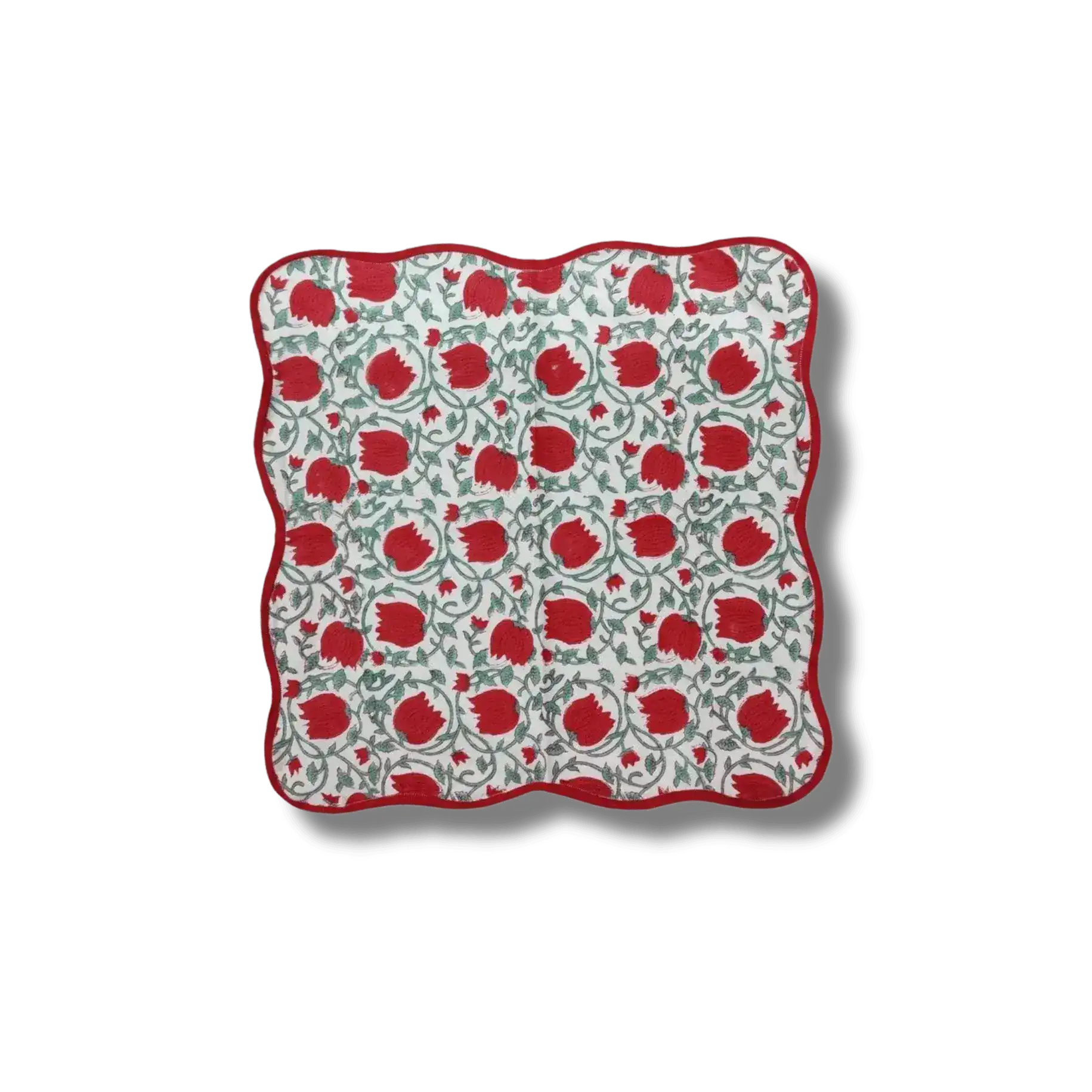 Red Floral Indian Block Print Scalloped Cotton Napkins