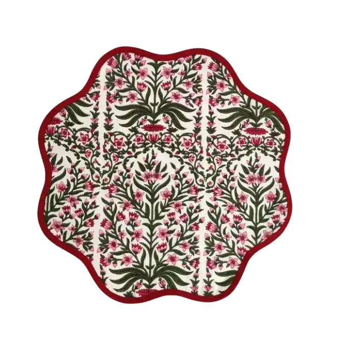 Red Floral Scalloped Cotton Round Placemats