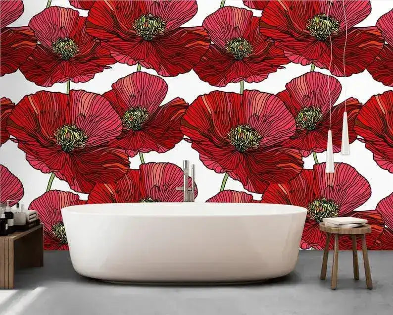 Red Oversized Poppies Floral Wallpaper