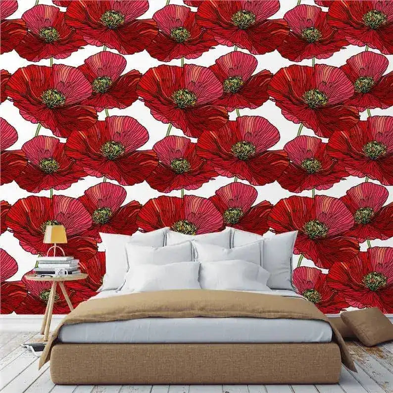 Red Oversized Poppies Floral Wallpaper