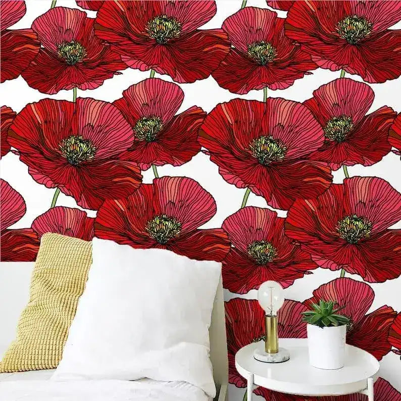Red Oversized Poppies Floral Wallpaper
