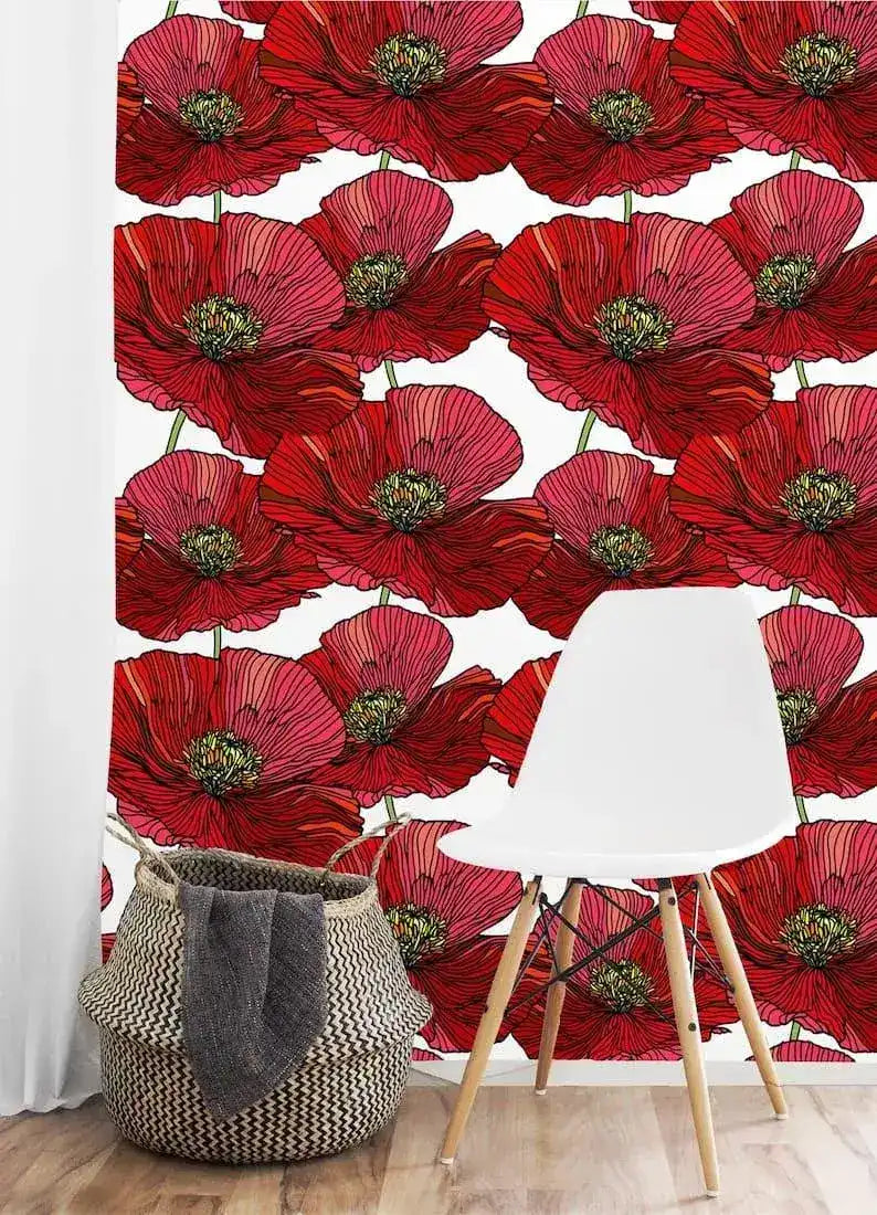 Red Oversized Poppies Floral Wallpaper