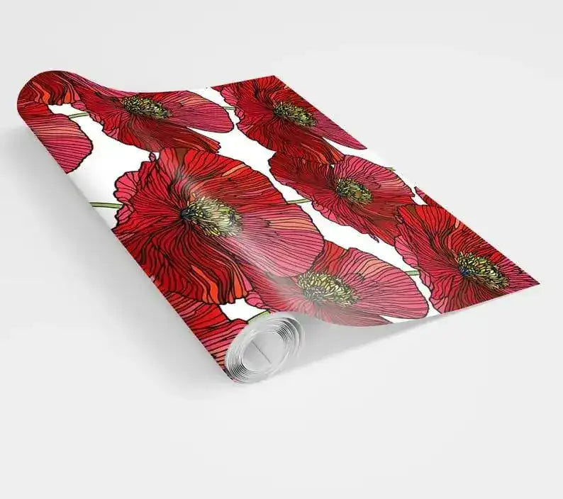 Red Oversized Poppies Floral Wallpaper