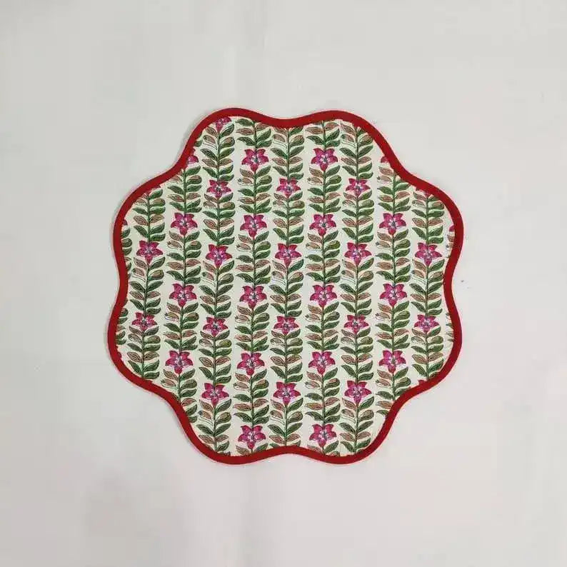 Scalloped Green and Red Floral Cotton Placemats