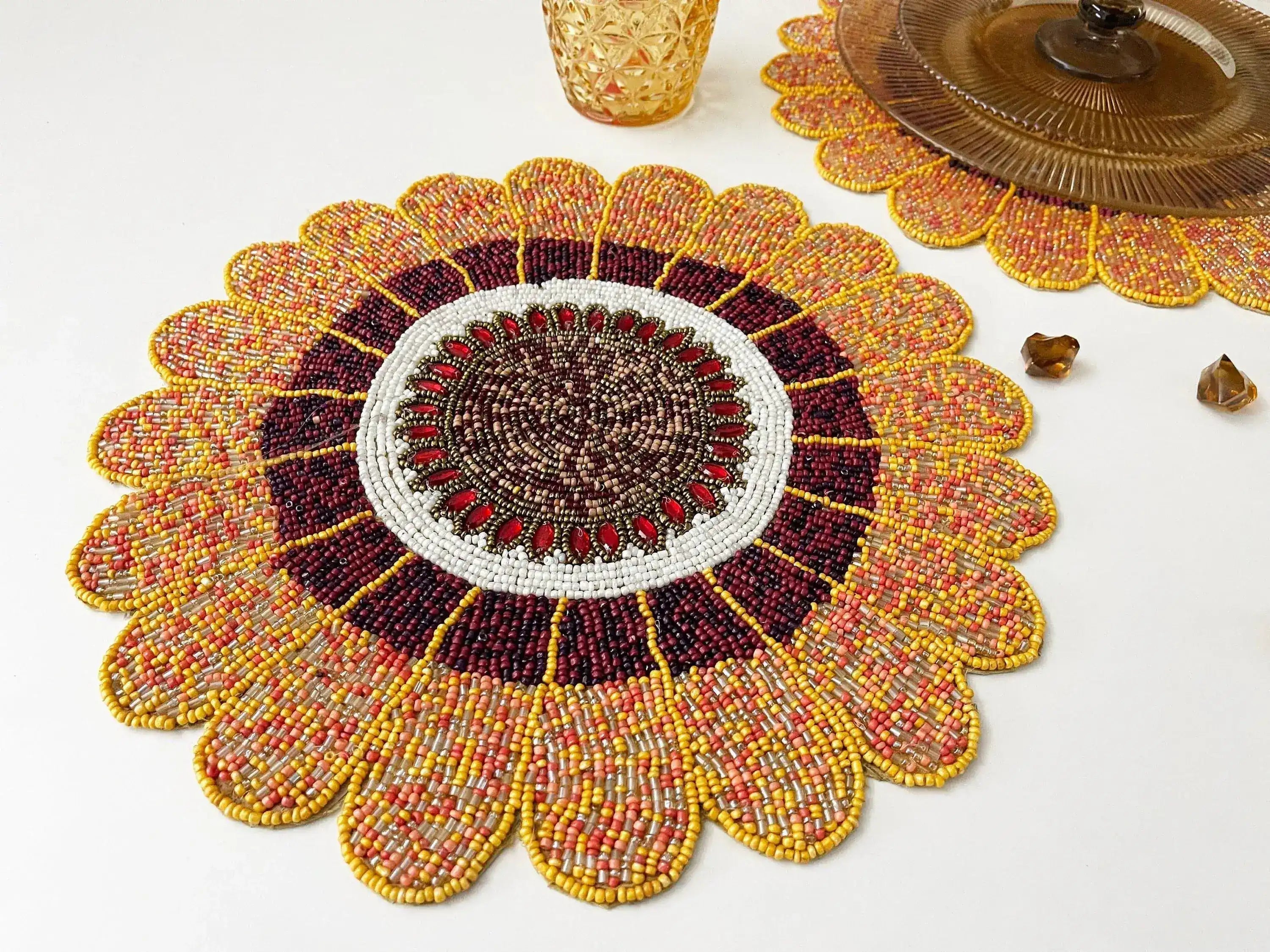 Scalloped Round Beaded Placemat - Pumpkin