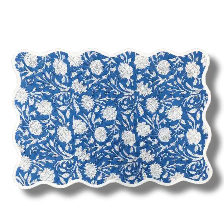 Scalloped White Floral Blue Cotton Placemat Set