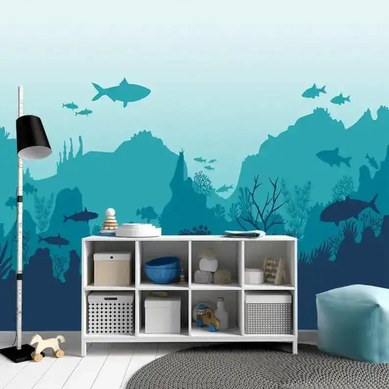 Sharks in the Blue Underwater Nursery Wall Mural