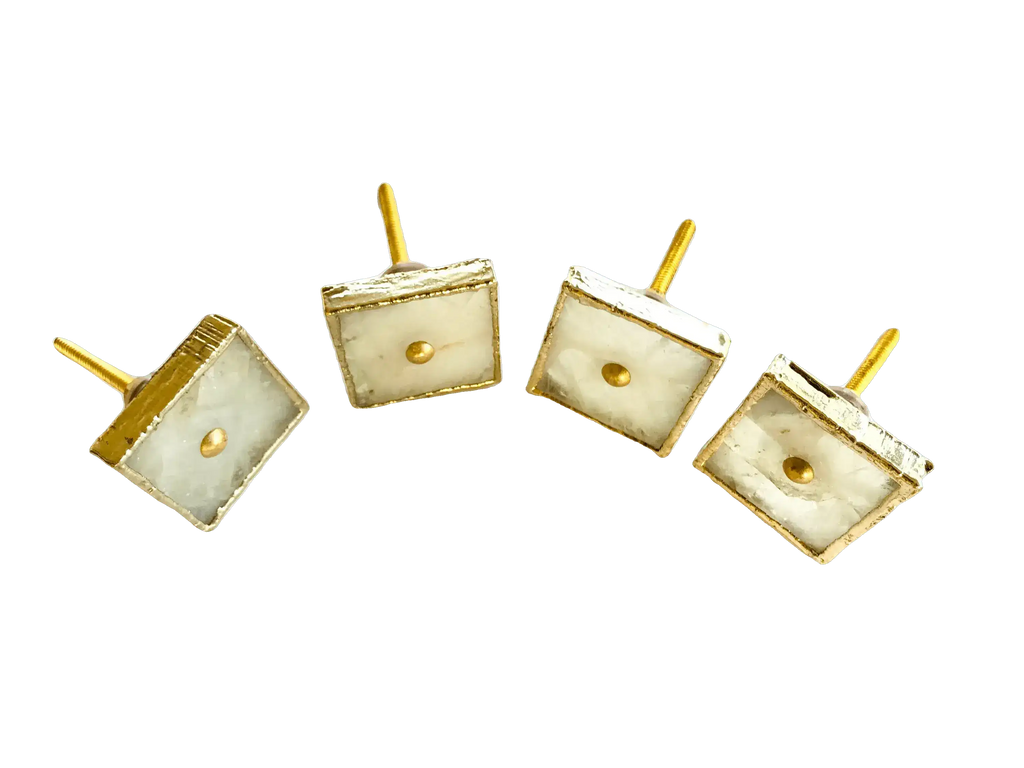 Square White Agate Dresser Cabinet Drawer Pull - Set of 4