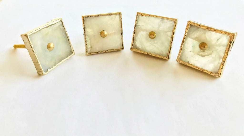 Square White Agate Dresser Cabinet Drawer Pull - Set of 4