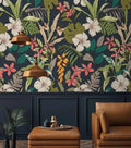 Tropical Bright Flowers and Leaves Textured Tropical Wallpaper
