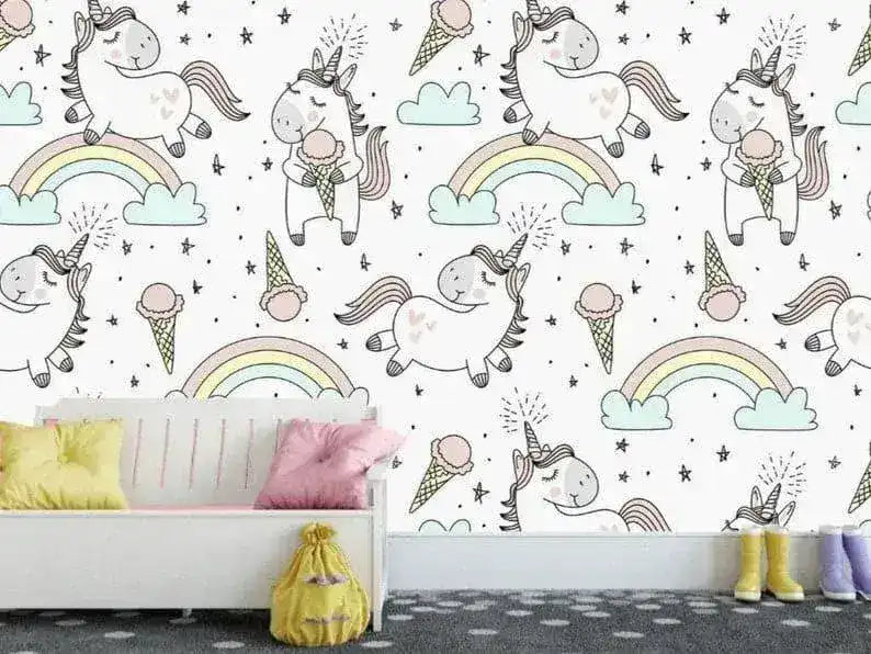Unicorn Rainbow and Ice Cream Nursery Wallpaper