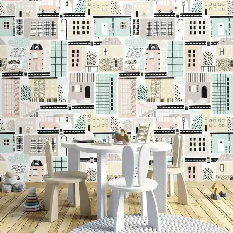 Urban City Houses Illustrated Wallpaper