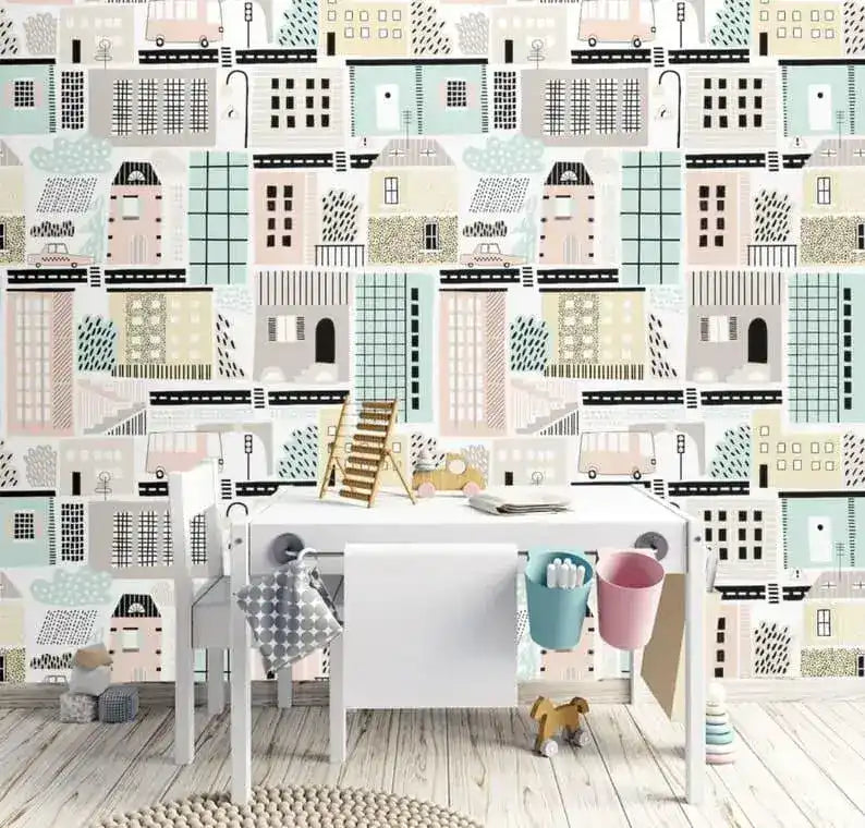 Urban City Houses Illustrated Wallpaper
