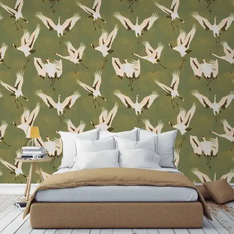 Watercolor Cranes Chinoiserie Wallpaper