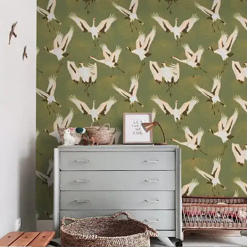Watercolor Cranes Chinoiserie Wallpaper