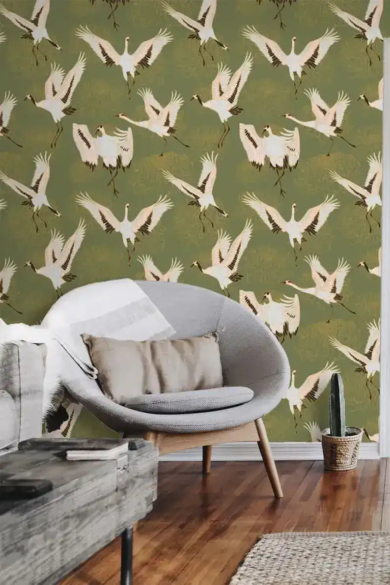 Watercolor Cranes Chinoiserie Wallpaper