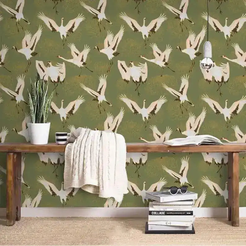 Watercolor Cranes Chinoiserie Wallpaper