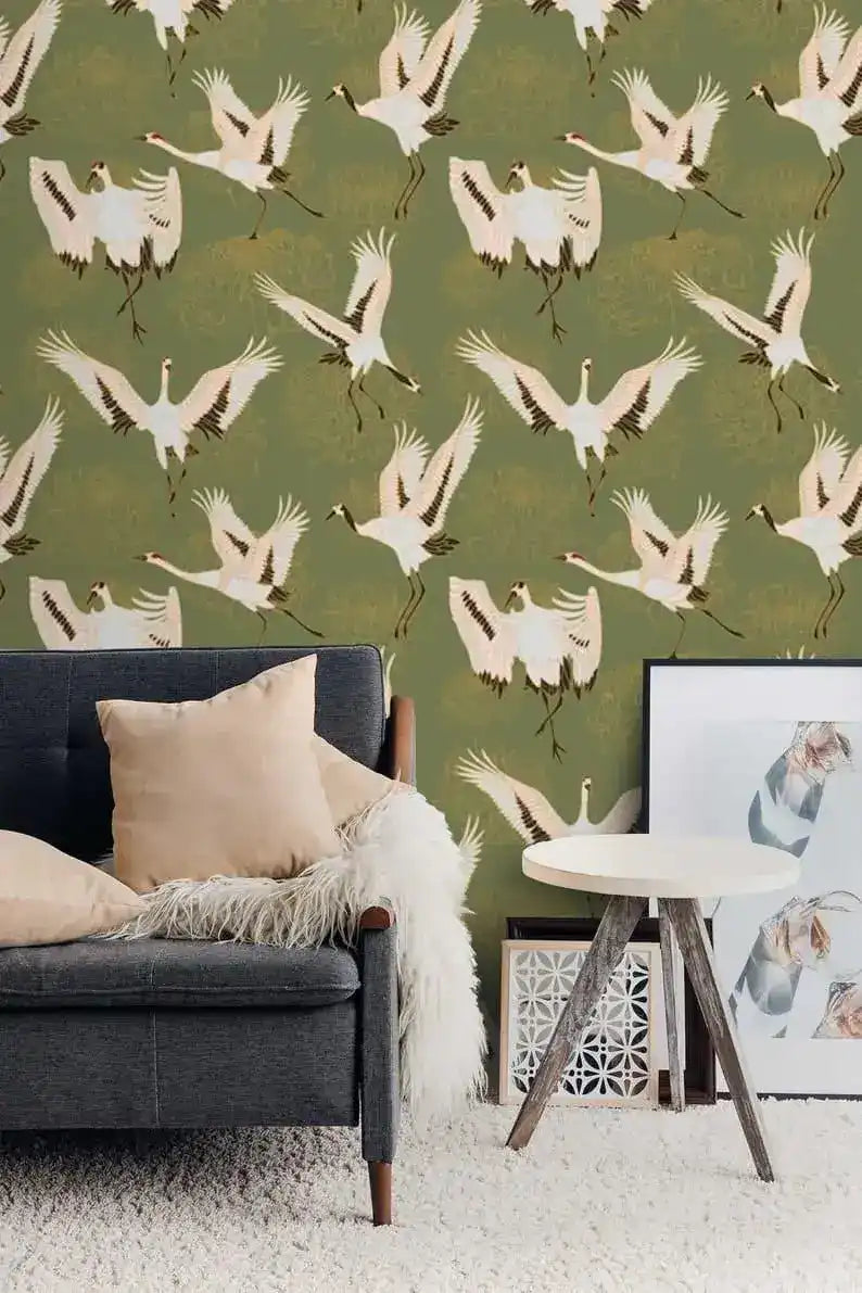 Watercolor Cranes Chinoiserie Wallpaper