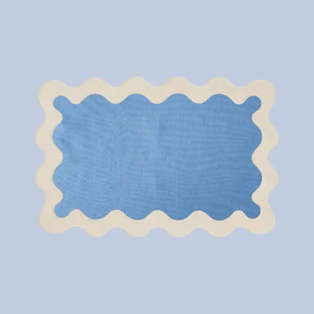 White and Blue 100% Linen Scallop Placemats - Set of 4