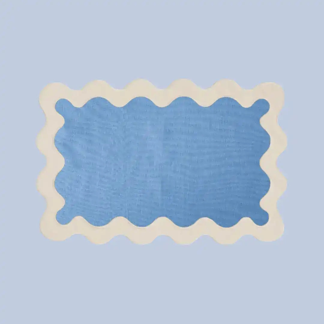 White and Blue 100% Linen Scallop Placemats - Set of 4