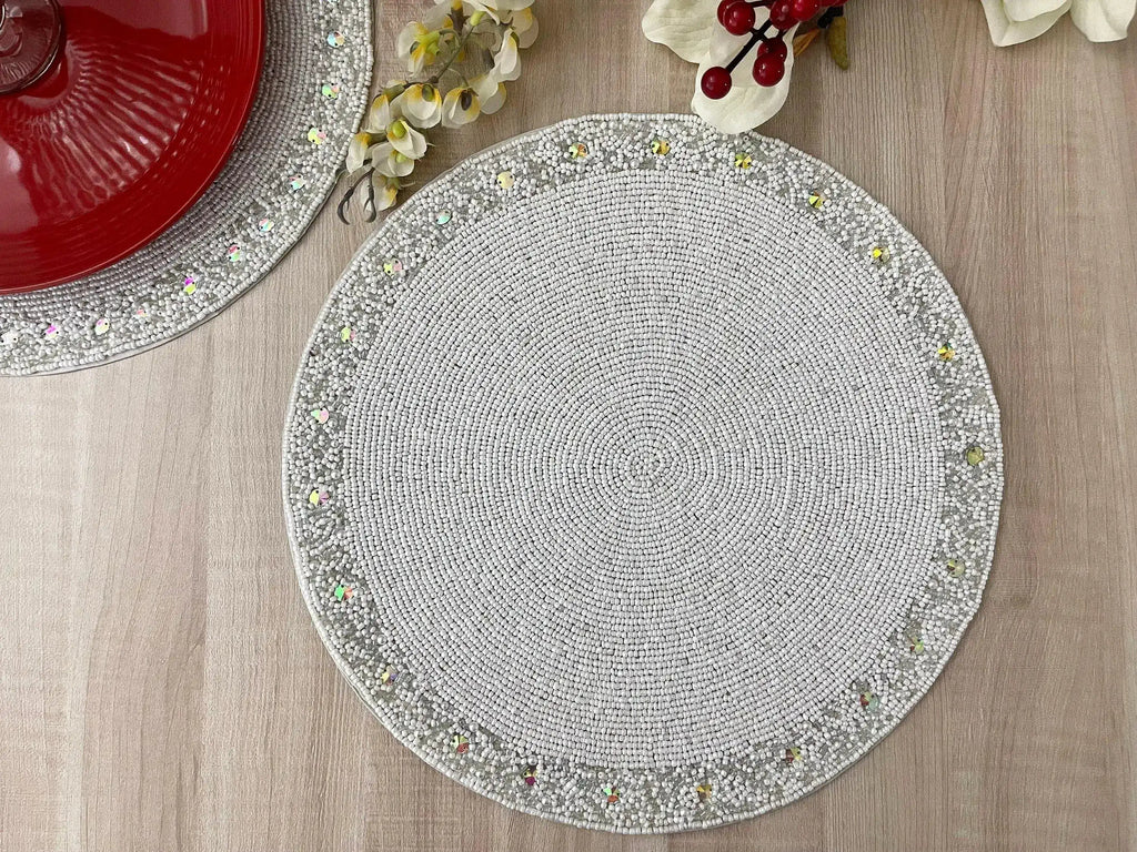 White and Glitzy Round Beaded Placemat