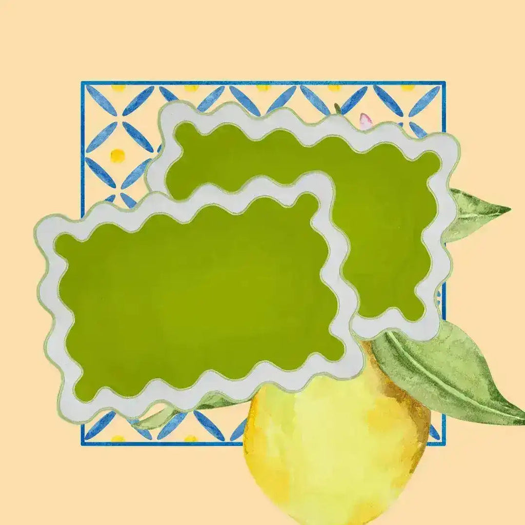 White and Green 100% Linen Scallop Placemat Set of 8