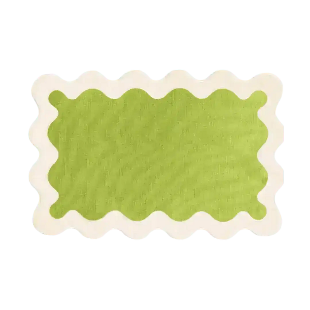White and Green 100% Linen Scallop Placemats - Set of 4