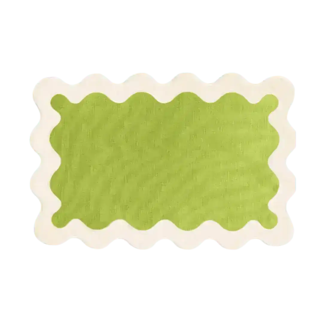 White and Green 100% Linen Scallop Placemats - Set of 4