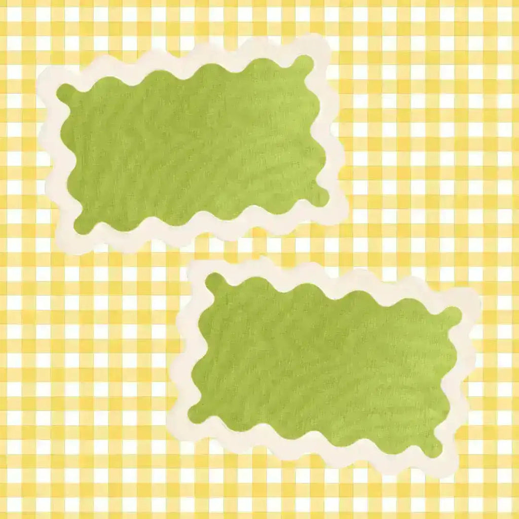 White and Green 100% Linen Scallop Placemat Set of 8