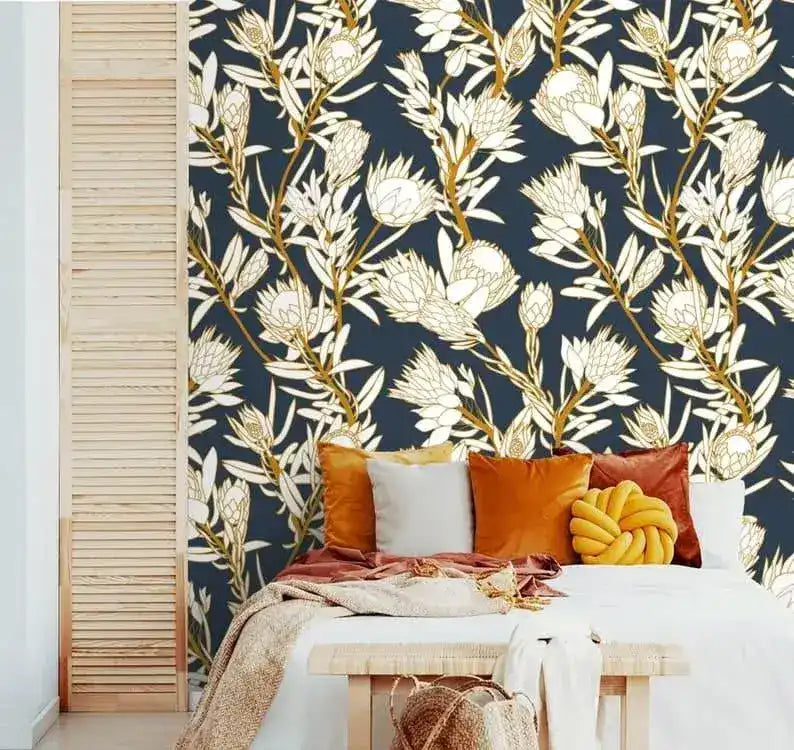 White and Navy Floral Protea Wallpaper