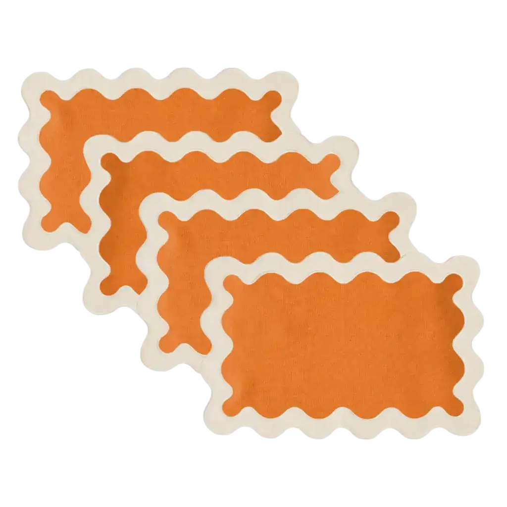 White and Orange 100% Linen Scallop Placemats - Set of 4