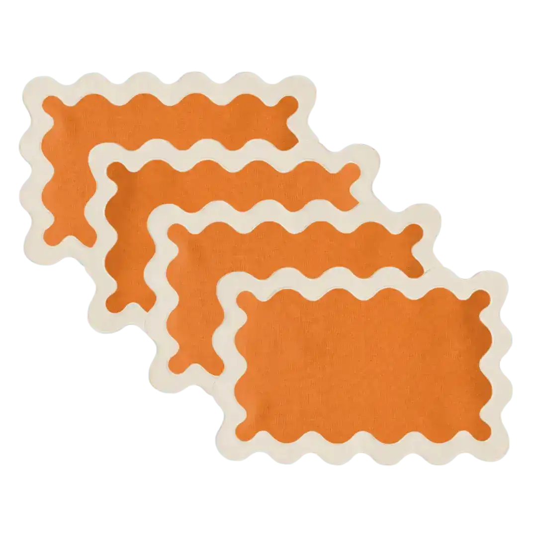 White and Orange 100% Linen Scallop Placemats - Set of 4