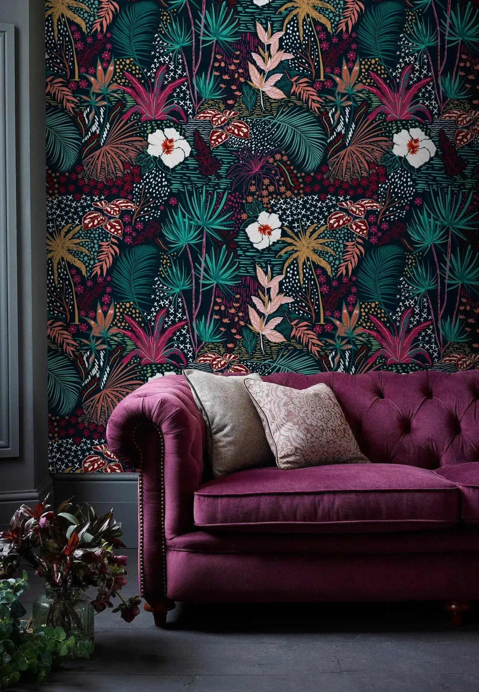 White Floral Colorful Tropical Jungle Wallpaper