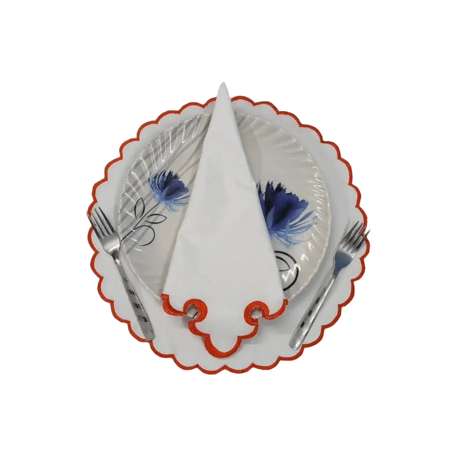 White Round Cotton Placemat and Napkin with Embroidered Border