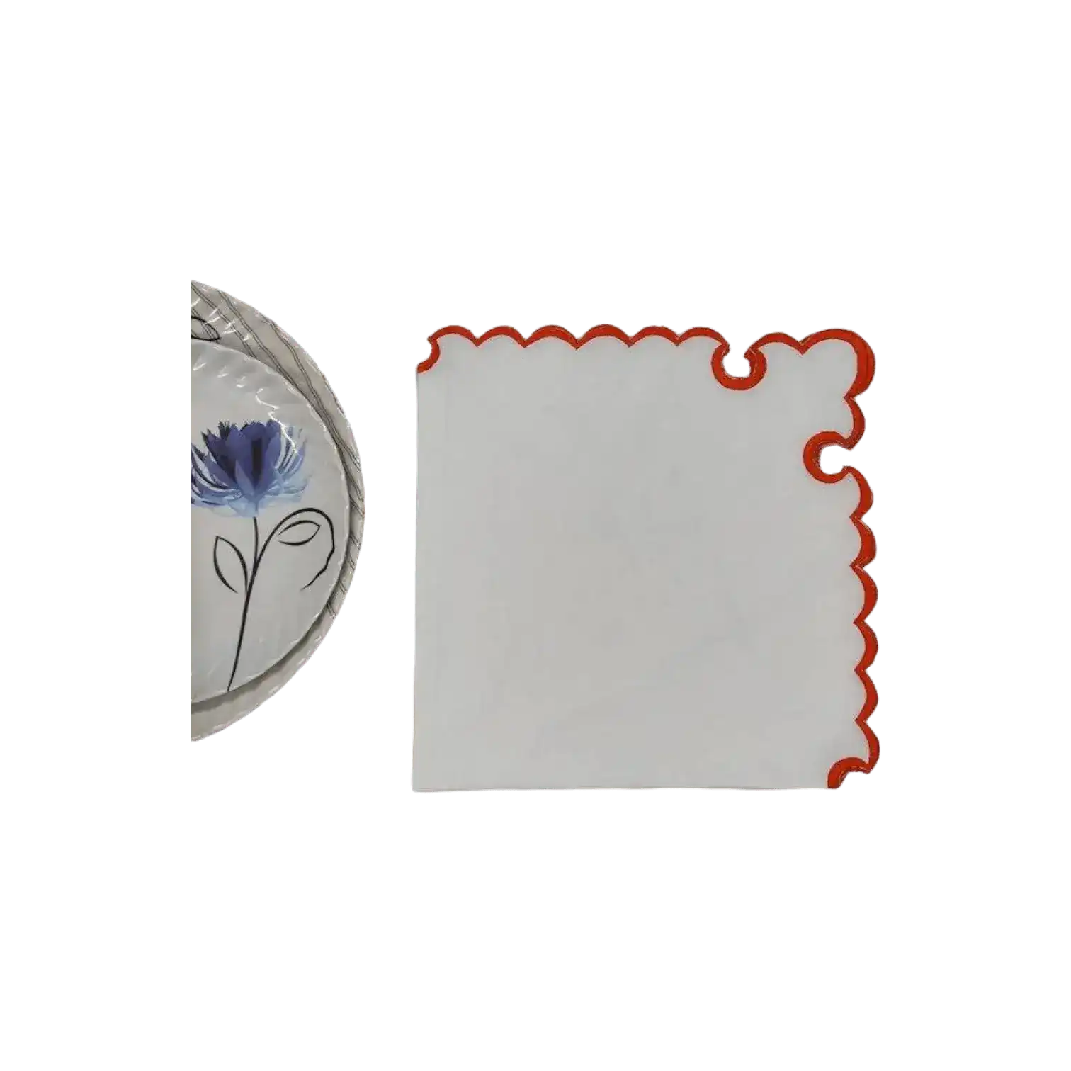 White Round Cotton Placemat and Napkin with Embroidered Border