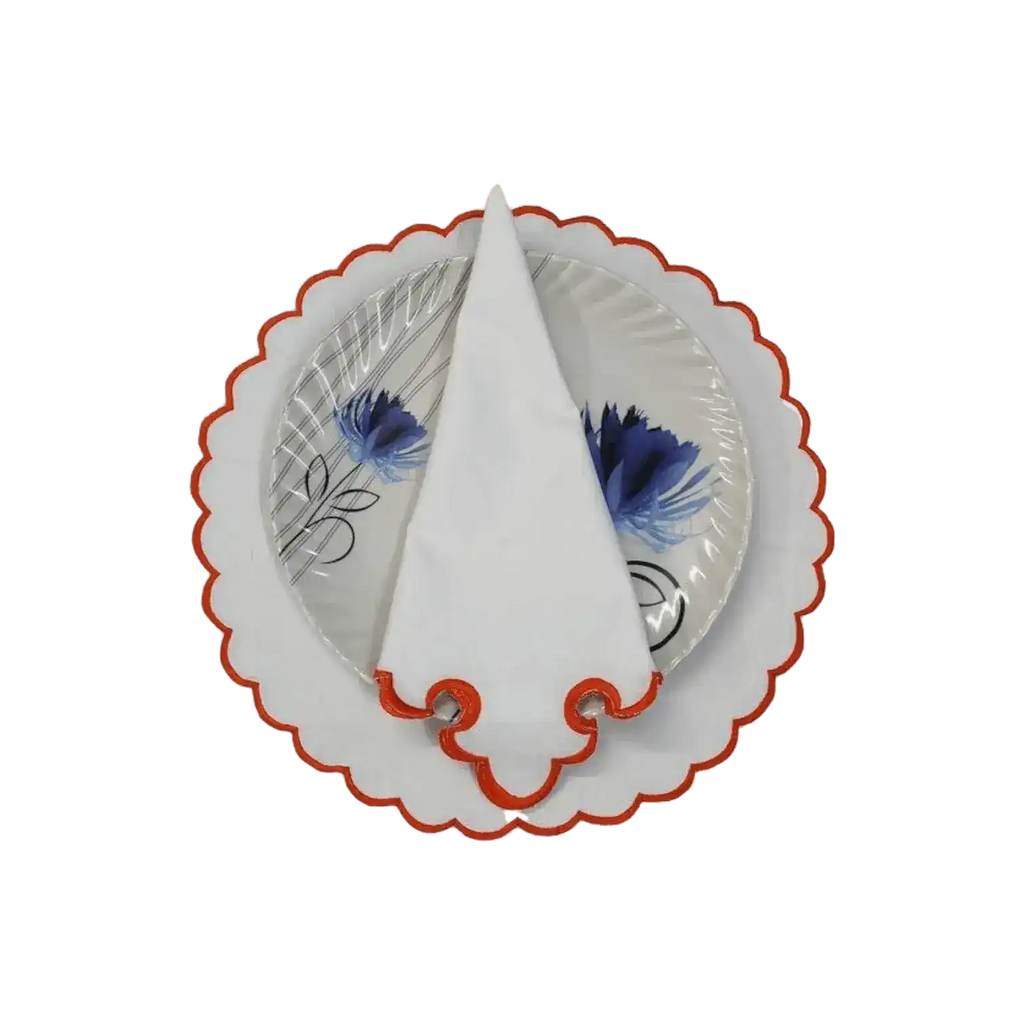White Round Cotton Placemat and Napkin with Embroidered Border