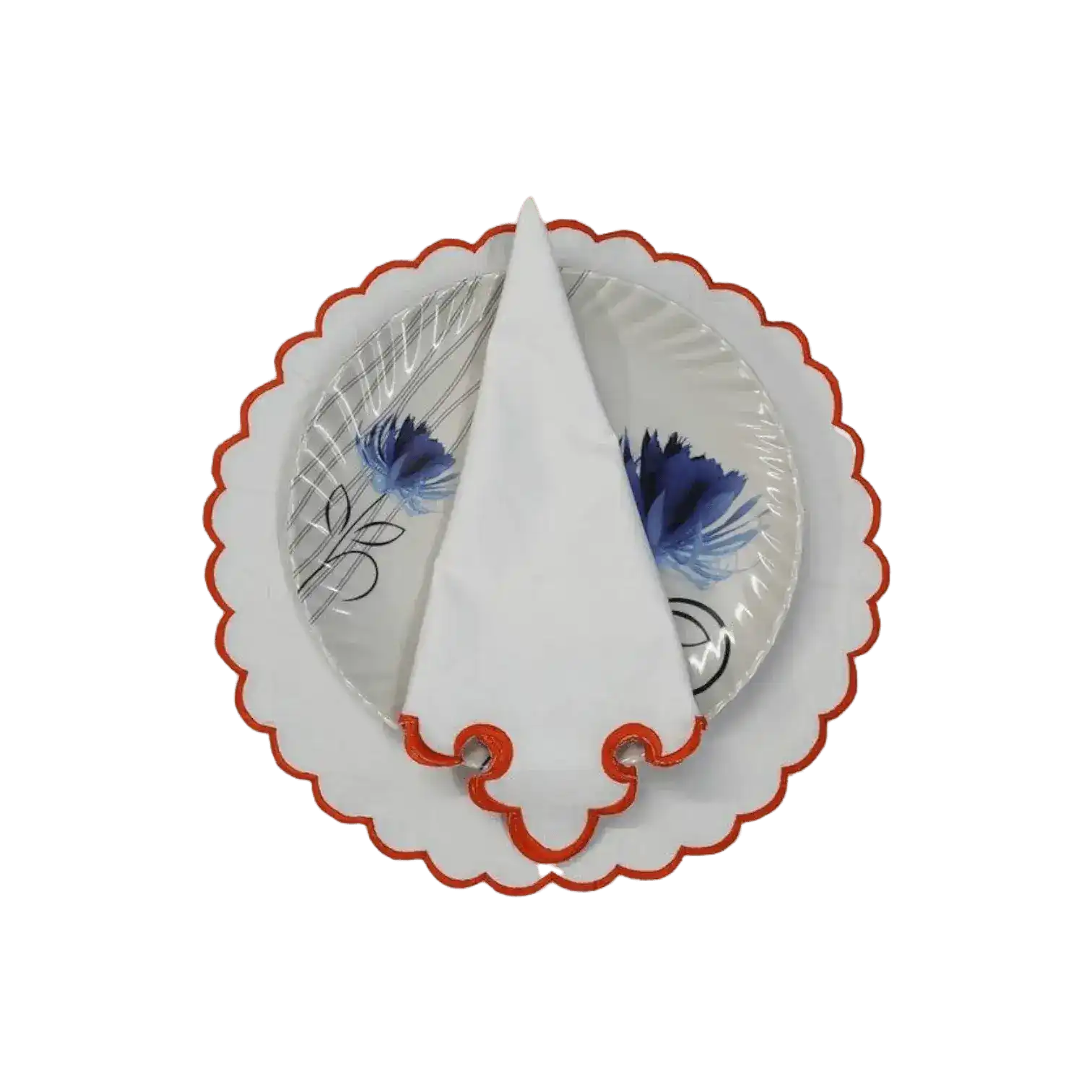 White Round Cotton Placemat and Napkin with Embroidered Border