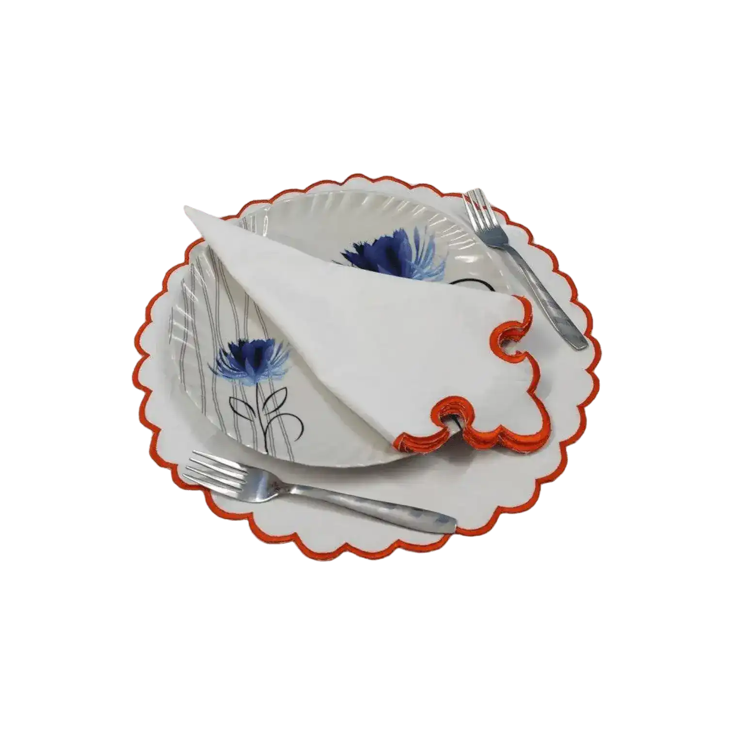 White Round Cotton Placemat and Napkin with Embroidered Border