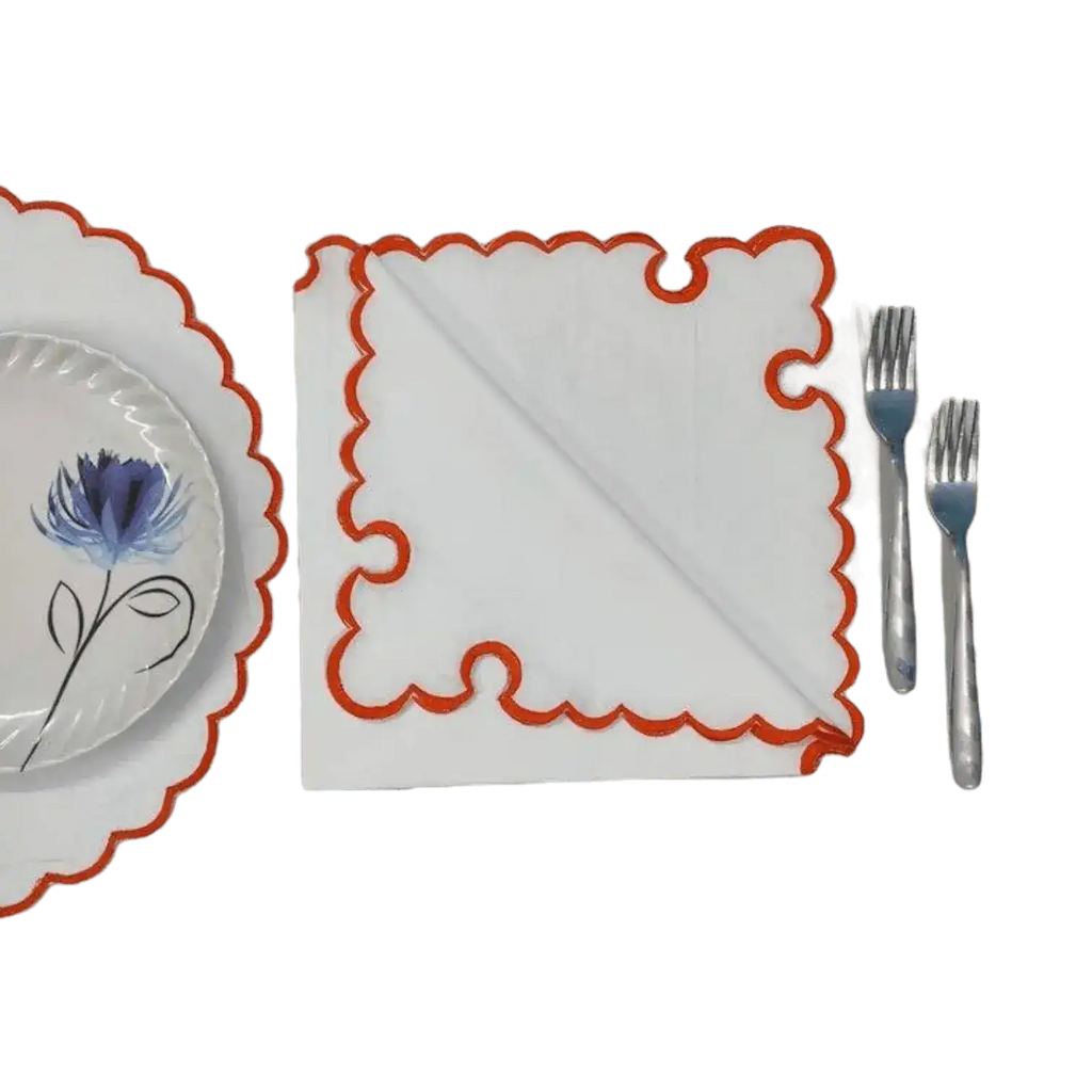 White Round Cotton Placemat and Napkin with Embroidered Border