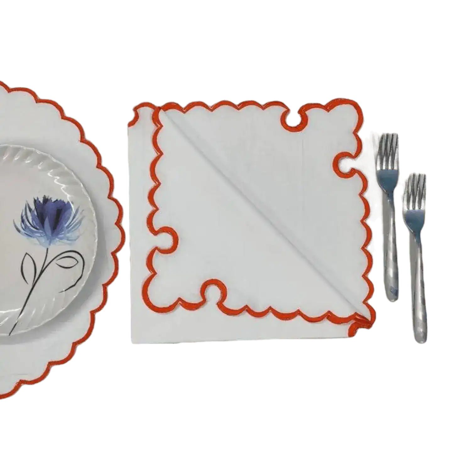 White Round Cotton Placemat and Napkin with Embroidered Border