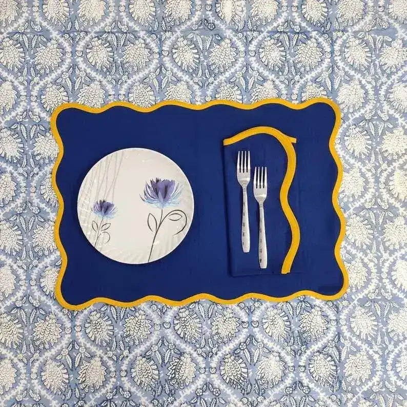 Yellow Scalloped Royal Blue Cotton Placemats